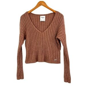 Abercrombie‎ & Fitch Ribbed V-Neck Sweater Women's Small Mocha Brown Cropped Fit